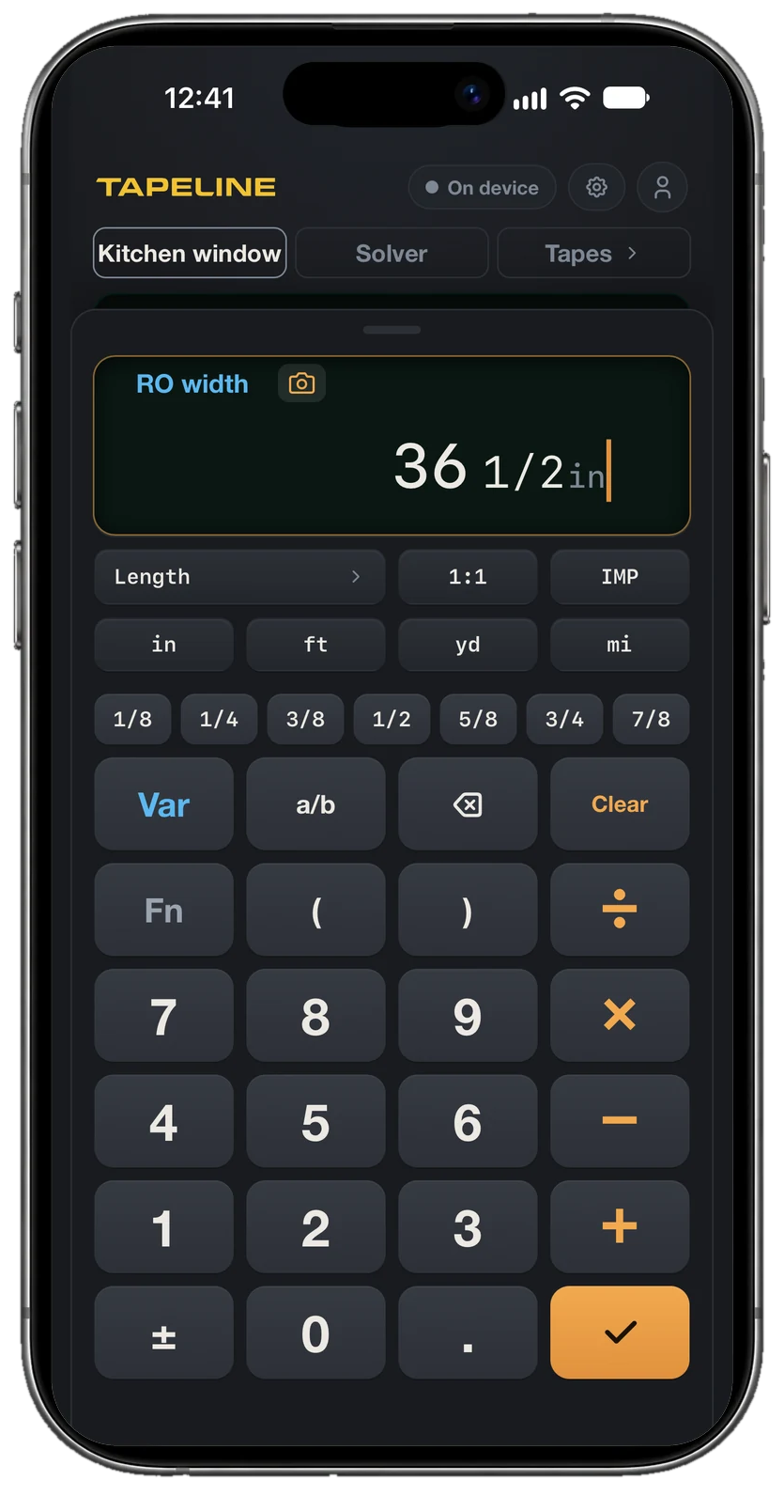 An iPhone with TapeLine's keypad at full height on the Kitchen window tape: the next line is being entered, named RO width, with 36 1/2 inches in large digits, the cursor blinking, and the check key ready to save it.