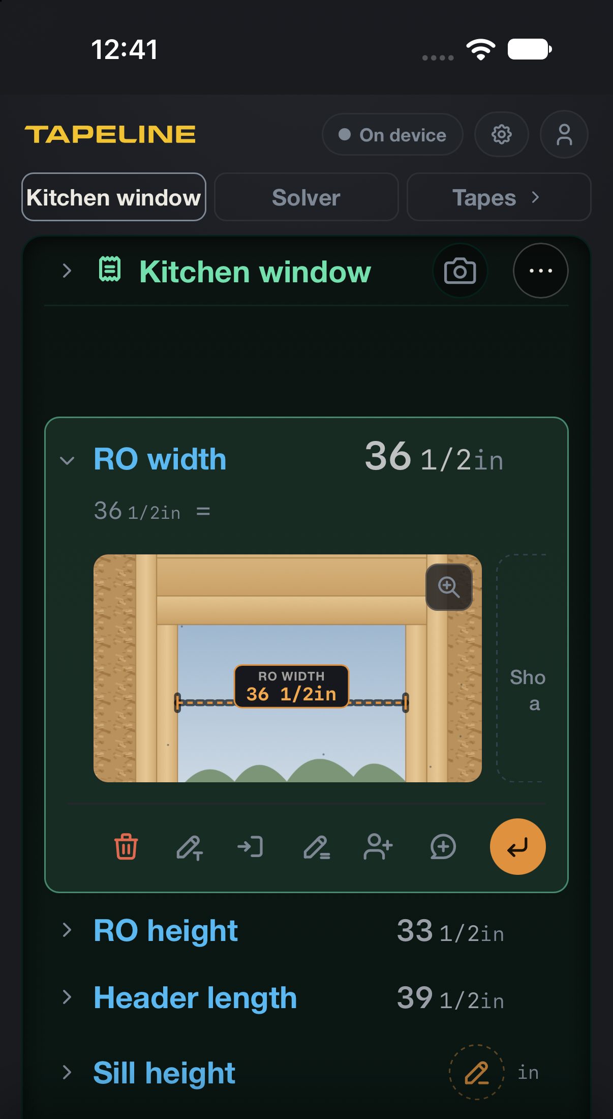 A TapeLine tape named Kitchen window: RO width 36 1/2 inches is open, showing a photo of the framed opening with the dimension drawn jamb to jamb, above RO height, Header length and a Sill height still to measure.