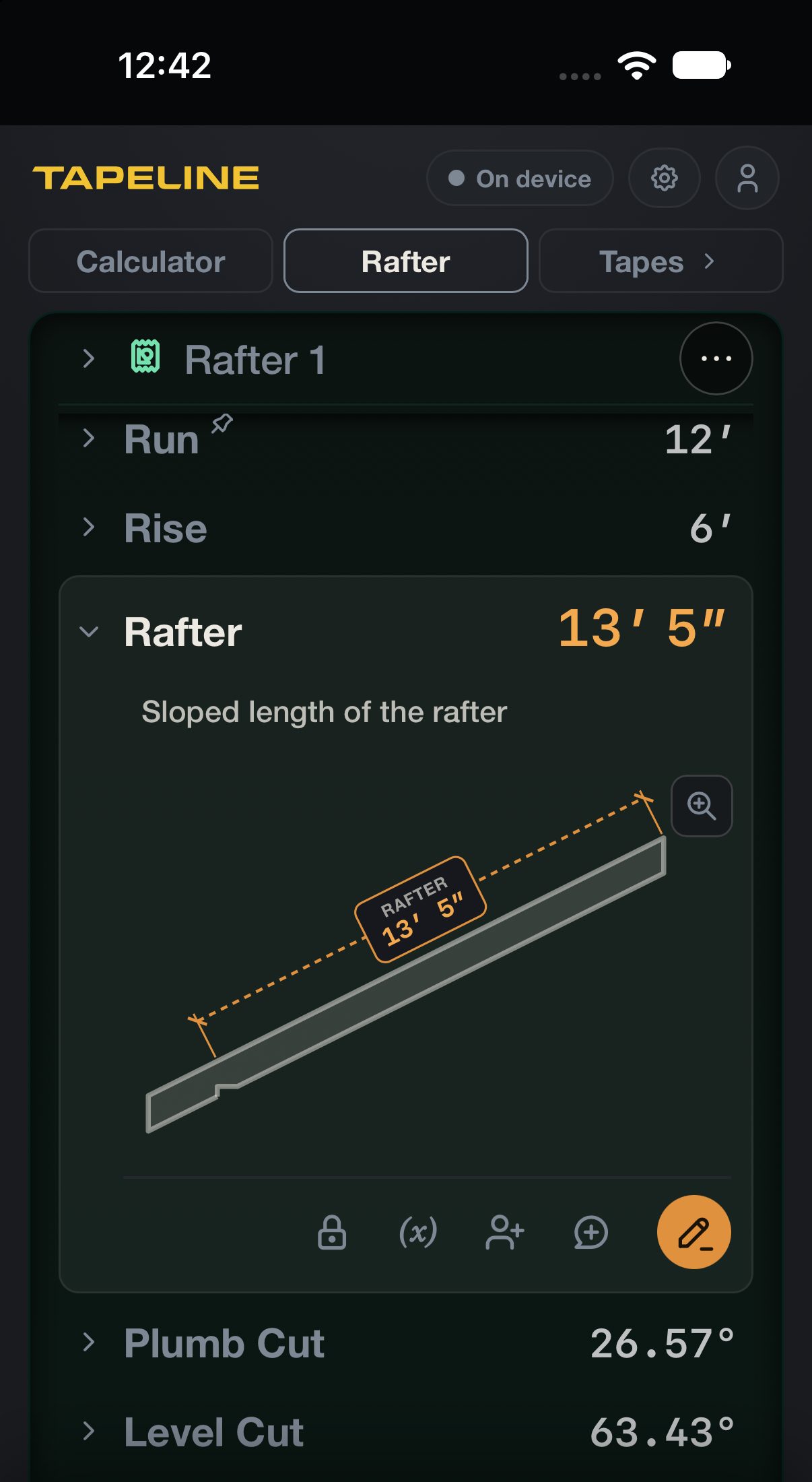 The Rafter solver at 6 in 12 pitch and 12 feet of run, drawing the rafter with its 13 foot 5 inch length dimensioned on the piece.