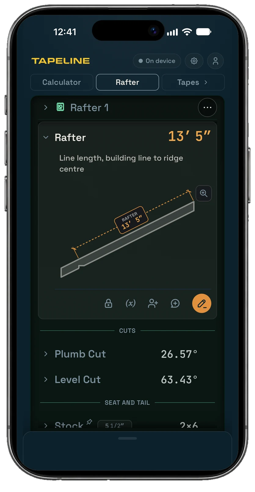 An iPhone showing the Rafter solver at a 6 in 12 pitch over 12 feet of run: the Rafter row is open on a drawing of the rafter with its 13 foot 5 inch length dimensioned on the piece, above the plumb and level cut angles.