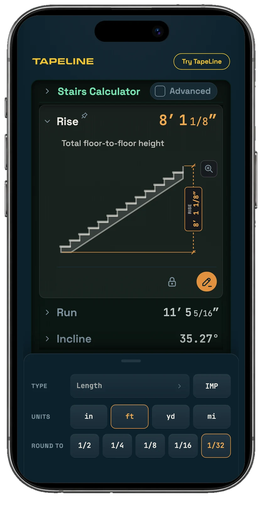TapeLine's stair calculator on an iPhone: an 8 foot 1 1/8 inch rise, the stair drawn with its rise dimensioned, a run of 11 feet 5 5/16 inches at 35.27 degrees below, with the units and rounding: feet, to 1/32 of an inch.