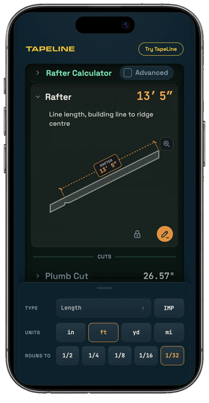 TapeLine's rafter calculator on an iPhone: a 6/12 pitch over a 12 foot run, the Rafter row open with the rafter drawn and its 13 foot 5 inch length dimensioned, a 26.57 degree plumb cut below, with the units and rounding: feet, to 1/32 of an inch.
